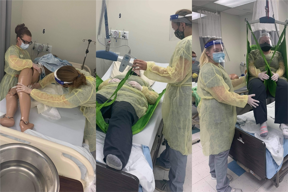 PSW students are shown practicing skills in the clinical simulation lab. The students are wearing masks and yellow medical gowns.